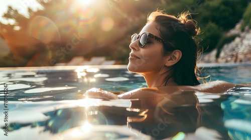 beautiful female relaxing in an outdoors swimming pool with sun reflactions on water surface  photo