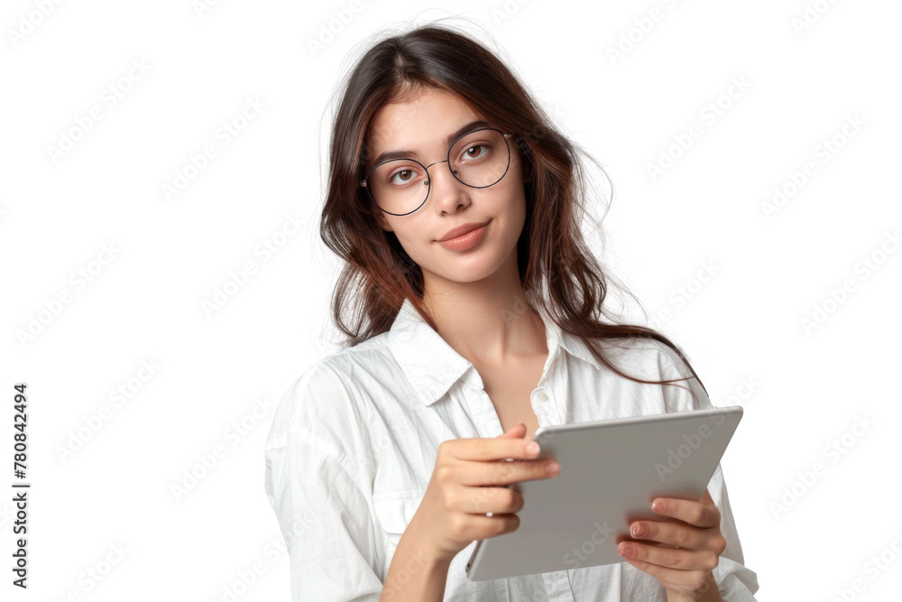 Studio portrait company worker beautiful young Caucasian woman with an attractive smile wearing casual outfits and holding digital tablet, isolated on transparent png background. Studio portrait company worker beautiful young Caucasian woman with an attractive smile wearing casual outfits and holding digital tablet, isolated on transparent png background.