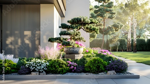 Beautiful modern flowerbed with coniferous bushes and a bonsai tree on the background of the exterior of a house in a European city photo