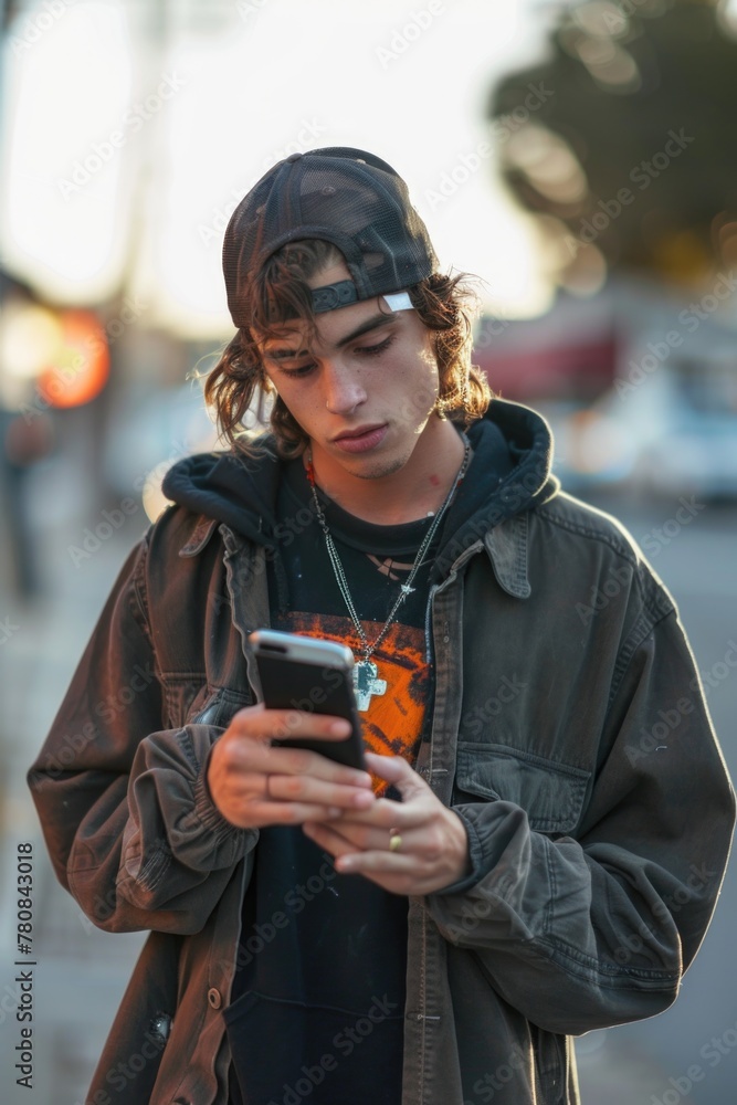 A young man is looking at his cell phone. Suitable for technology and communication concepts