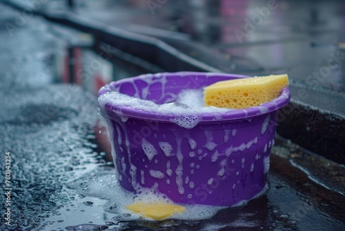 Purple plastic tub with soapy water and sponge on the street © LimeSky