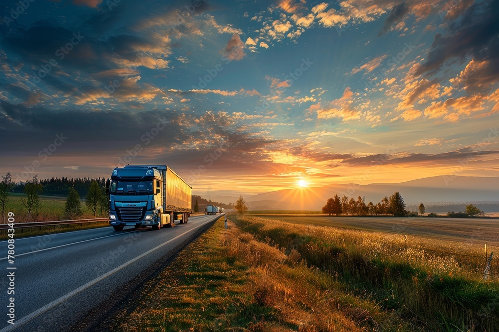 Obraz premium Sunset in a rural landscape with a truck approaching on an asphalt road