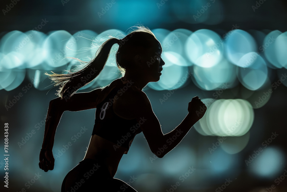A young woman runs at an athletics competition against the backdrop of spotlights. Running runner silhouette.