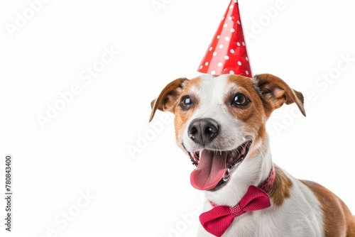 Surprise singing Jack Russell dog in red tie and party hat on white background © The Big L