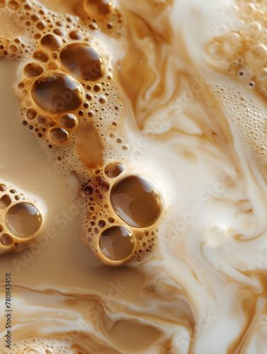 Close-Up of Bubbles and Swirls in Coffee with Milk Mixture