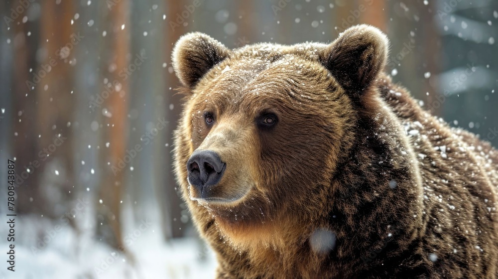 Fototapeta premium Brown bear in the winter forest. AI generative.