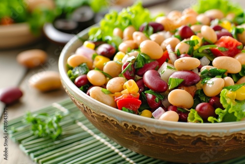 Tasty bean salad on bamboo mat