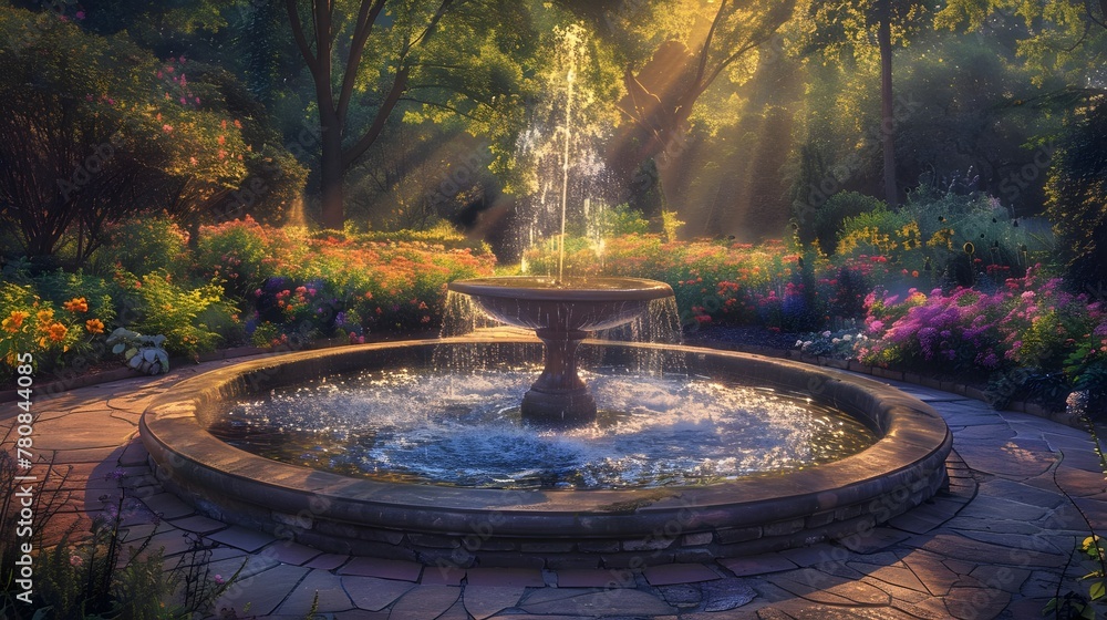 Enchanted Garden Fountain Sunrise Blooms Serenity Nature Outdoor Scenery