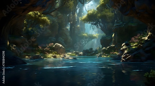 Enchanted Forest River Sunlight Mystical Tranquil Nature Scenery Serenity Magical Wilderness Reflection