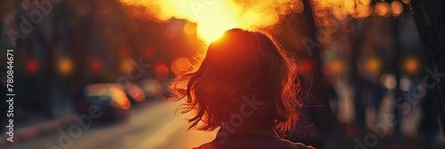 A woman is silhouetted against the warm glow of a setting sun, casting a serene atmosphere on a city street photo