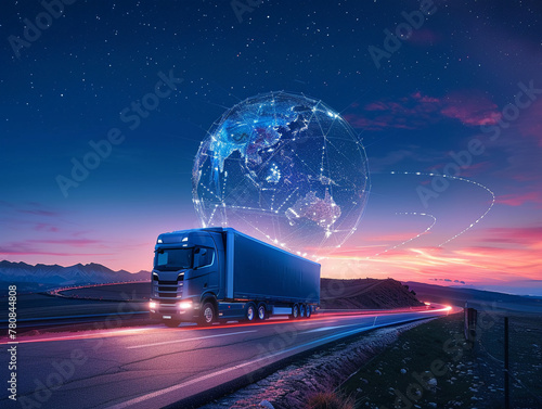 Truck navigating a holographic globe under the night sky, visualizing the future of overnight delivery services photo