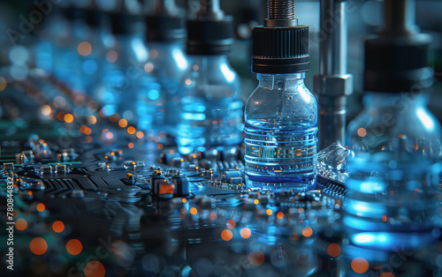 laboratory bottles filled with a blue liquid and air bubbles