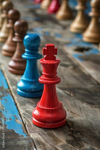 A striking image of a red king standing tall among blue and brown chess pieces on a weathered wooden board