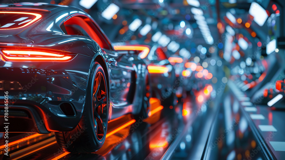 Next-gen automobiles on a high-tech assembly line, embodying the future of production and design Next-gen automobiles on a high-tech assembly line, embodying the future of production and design