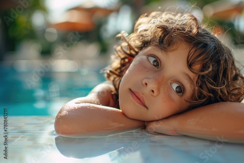 Young boy relaxing by the pool  ideal for summer concepts