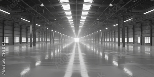 Black and white photo of an empty warehouse, suitable for industrial concepts