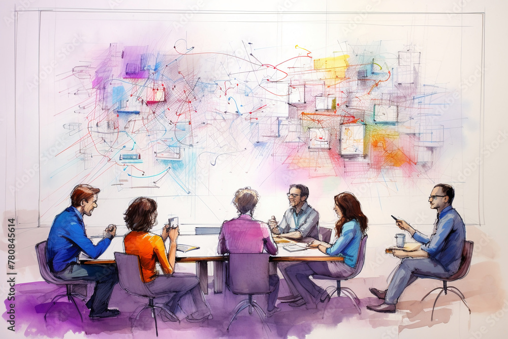 Envision a dynamic team meeting, with members surrounding a writing ...