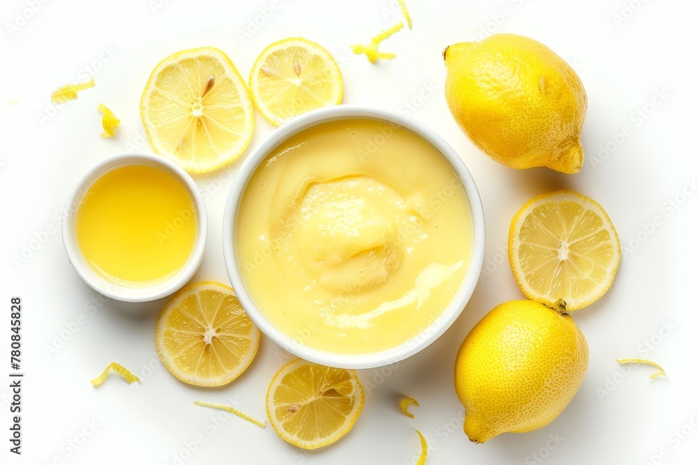 Top view of homemade vanilla custard pudding or lemon curd with lemon slices on white background Top view of homemade vanilla custard pudding or lemon curd with lemon slices on white background