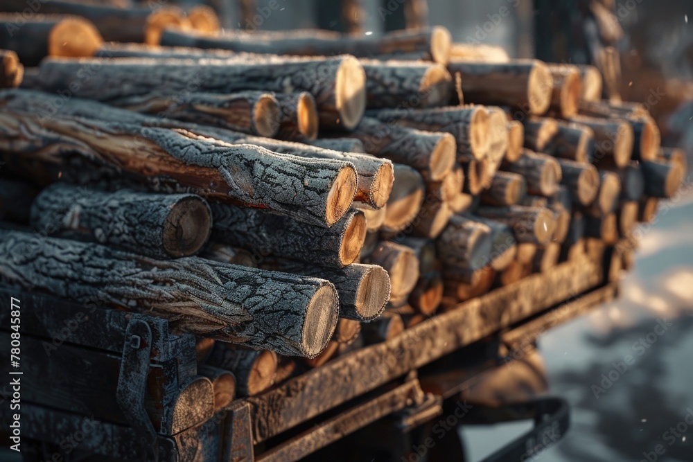 A pile of logs sitting on top of a wooden cart. Ideal for forestry and transportation concepts A pile of logs sitting on top of a wooden cart. Ideal for forestry and transportation concepts