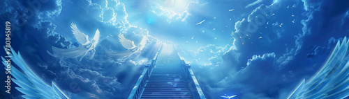 Majestic bridge to the celestial, where angels tread in a serene ascent, embodying spiritual journey