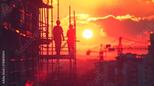 Silhouette construction industry team safely to work load concrete building according to set goal over blurred background sunset pastel for industry background 