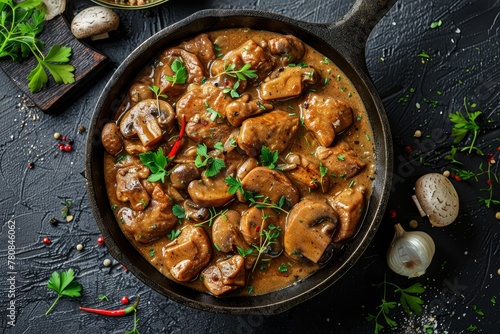 Top view of pork medallions in mushroom gravy cooked in a cast iron pan on a dark stone surface