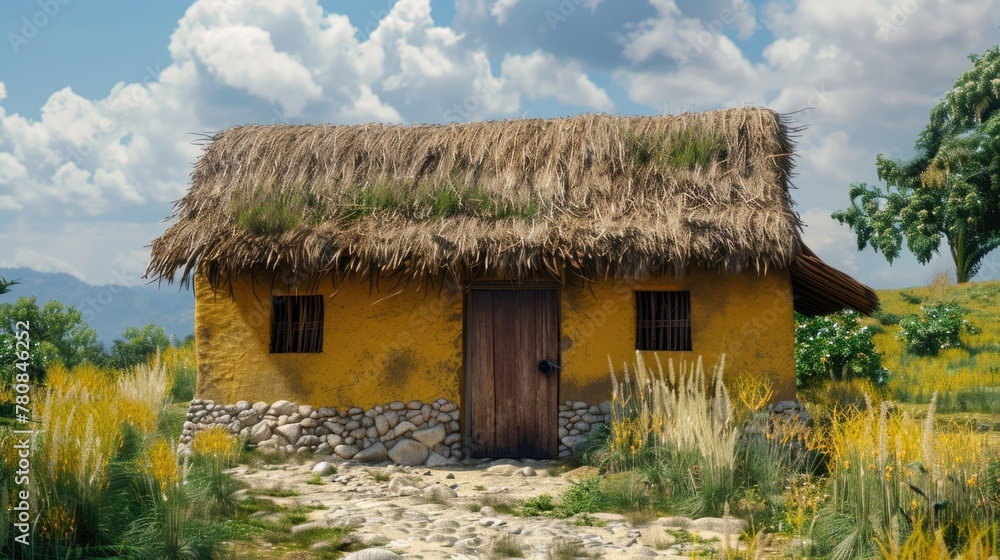 A quaint yellow building with a thatched roof, suitable for various projects A quaint yellow building with a thatched roof, suitable for various projects