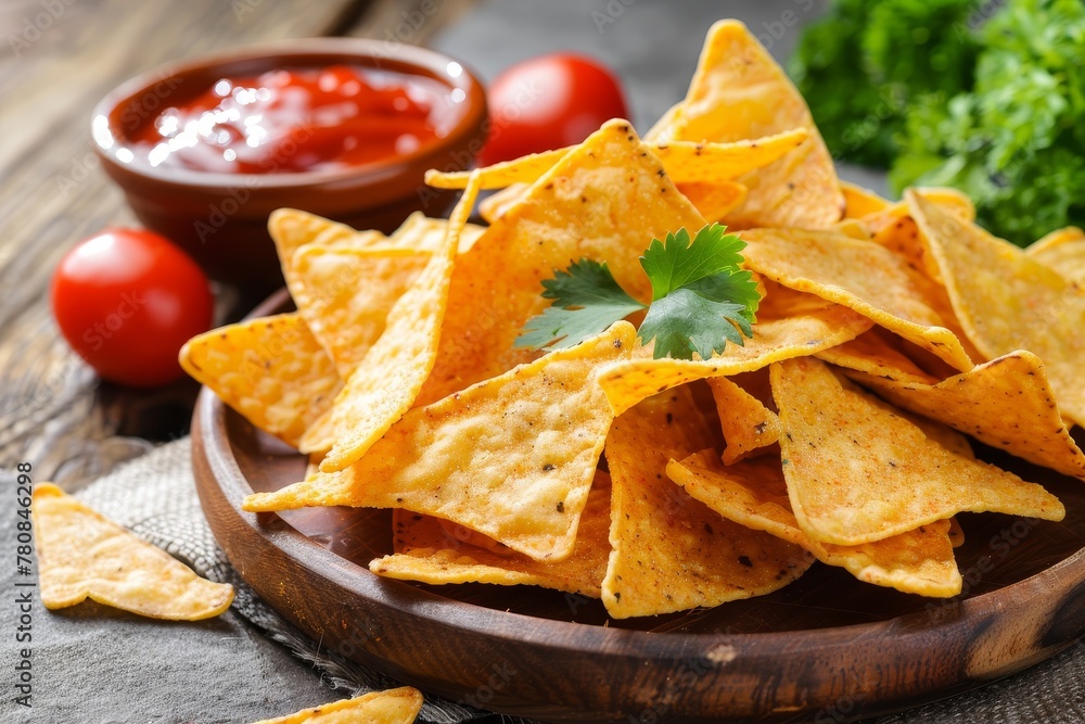Tortilla chips with tomato dip on white Tortilla chips with tomato dip on white
