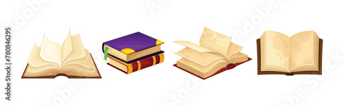 Old Book in Hard Cover with Pages Vector Set