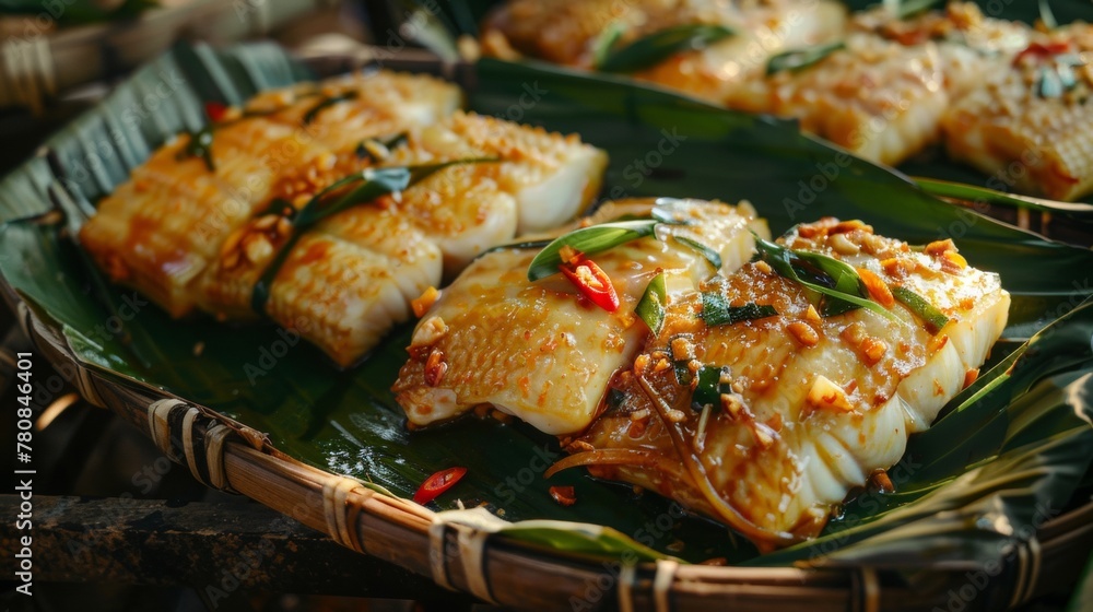 Thai dishes. Thai-style fish fillet baked in banana leaves.