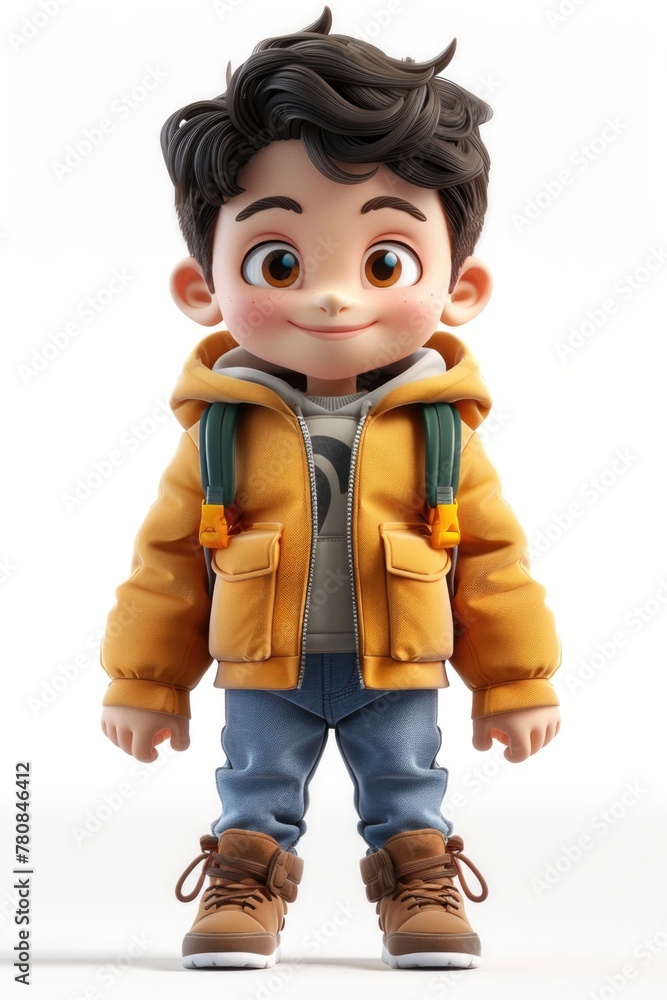 A young boy in a yellow jacket with a backpack. A young boy in a yellow jacket with a backpack.