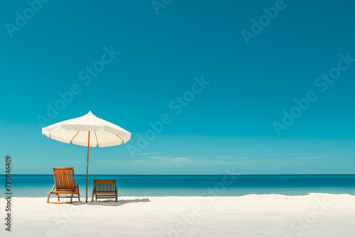 Serene Beach Vacation Scene with Umbrella and Chairs