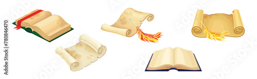 Old Book in Hard Cover with Pages and Scroll Vector Set