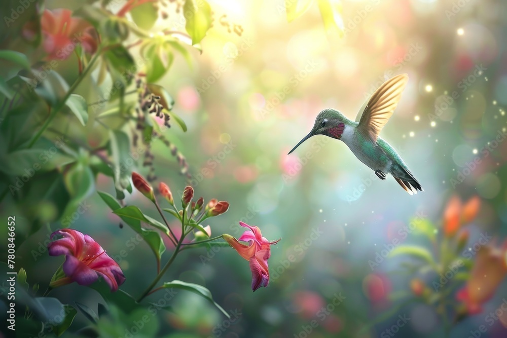 Naklejka premium Tropical hummingbird gracefully flying in a blurred garden