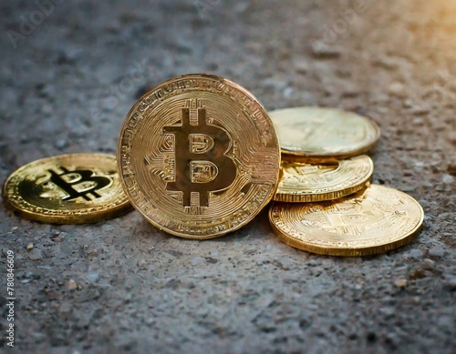Bitcoin Münzen auf grauem Boden glänzen. Goldene Bitcoins liegen auf Platte - Gold und Bitcoins im Gleichschritt - vier