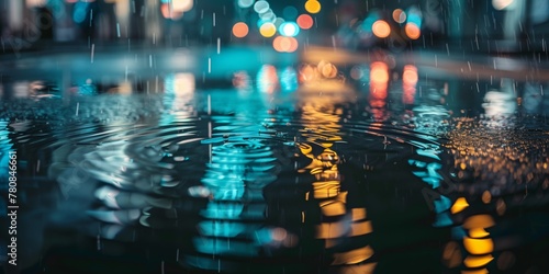Urban Rain Puddle Ripples with City Lights Reflection