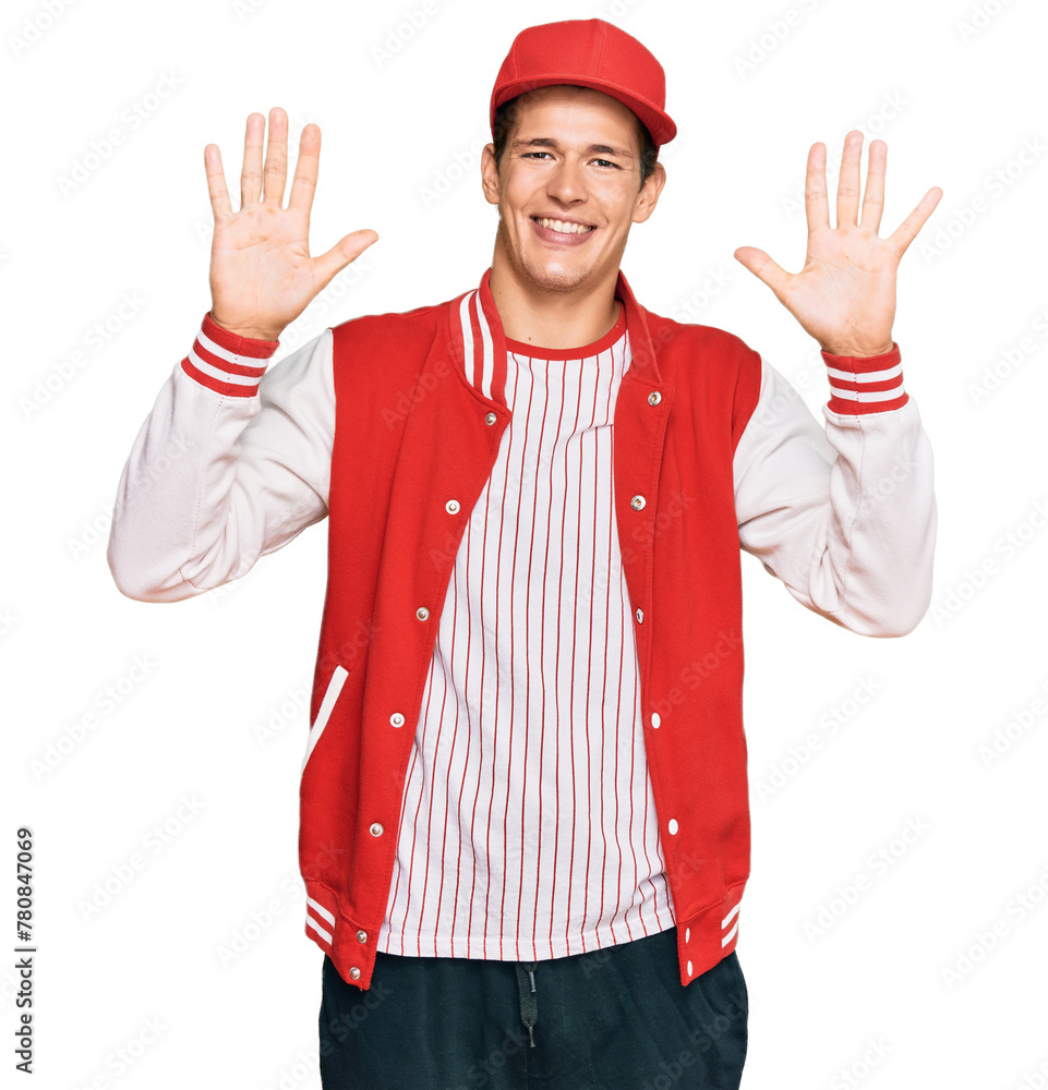 Handsome caucasian man wearing baseball uniform showing and pointing up with fingers number ten while smiling confident and happy.