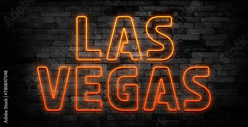 Las Vegas neon sign. City and landmarks in circle on brick wall background. Vector illustration in neon style for touristic banners and billboards photo