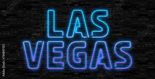 Las Vegas neon sign. City and landmarks in circle on brick wall background. Vector illustration in neon style for touristic banners and billboards photo