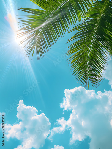 Tropical Palm Leaves against a Bright Blue Sky with Sun Flare