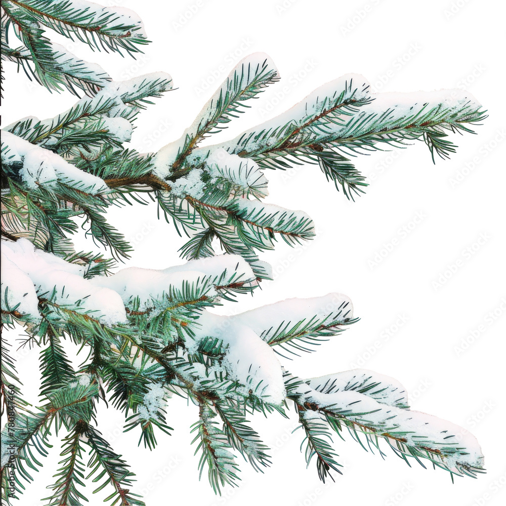 Evergreen conifer twig coated in freezing snow against transparent background