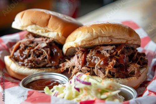 two pulled pork sandwiches with cole slaw photo