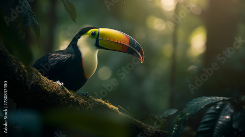 A beautiful toucan resting in the forest. photo