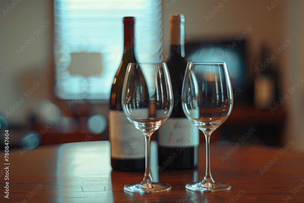 Two wine bottles with empty glasses in background Two wine bottles with empty glasses in background
