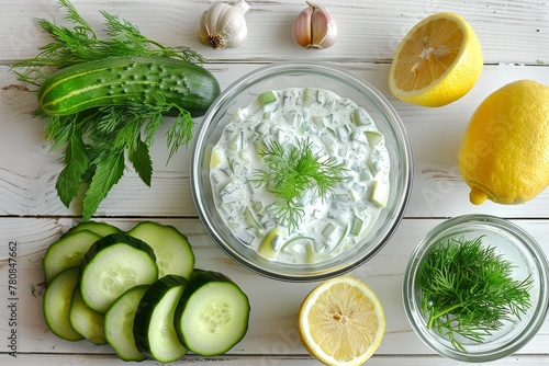 Tzatziki in glass bowl with cucumber mint dill lemon garlic on white wood background