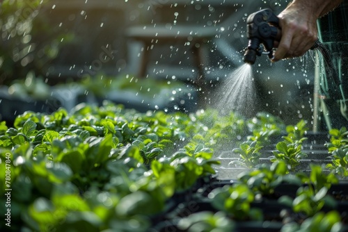 Using a garden hose with a spray gun to water vegetable seedlings at a greengrocer