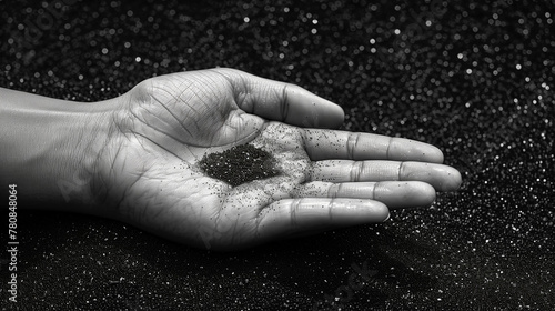 Main de femme ouverte avec pluie de sable noir, photographie noir et blanc, esthétique expressionniste 