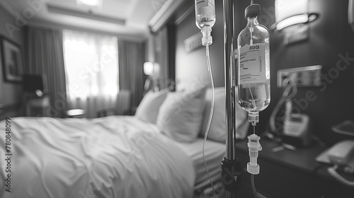 Gros plan d'une poche à perfusion intraveineuse (IV bag), à côté d'un lit d'hôpital dans une chambre d'un établissement de soin photo