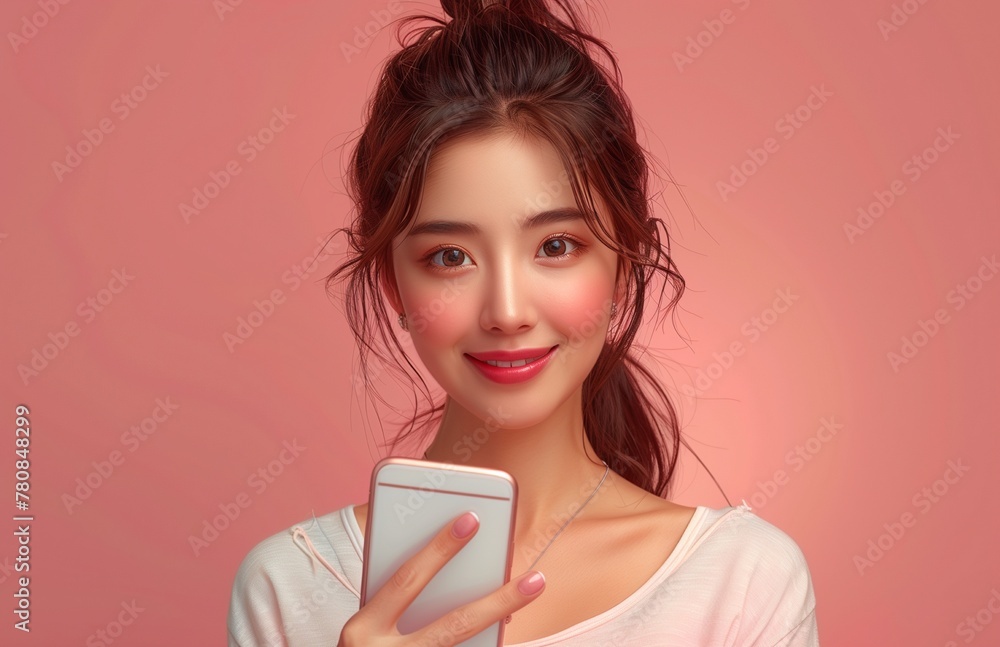 Young Asian woman smiles, joyfully pointing at an empty smartphone screen, inviting engagement and curiosity Young Asian woman smiles, joyfully pointing at an empty smartphone screen, inviting engagement and curiosity