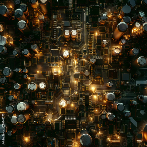 Futuristic Close-up of Glowing Electronic Circuit Board with Components